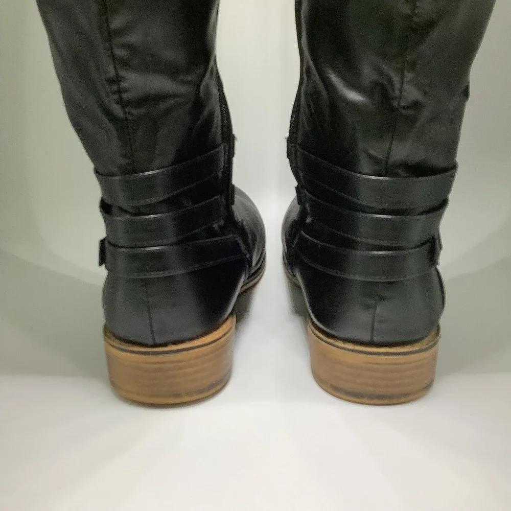 Women's Harness Pull Tabs Riding Boots Black Knee High 8.5‎
